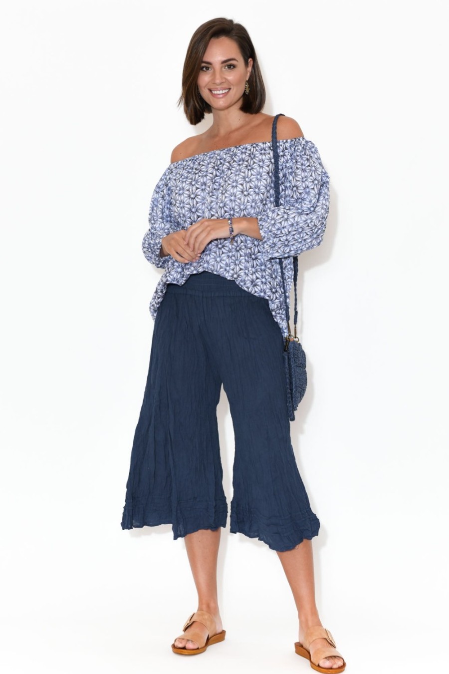 Clothing Namastai Pants | Janet Navy Cropped Crinkle Cotton Pant