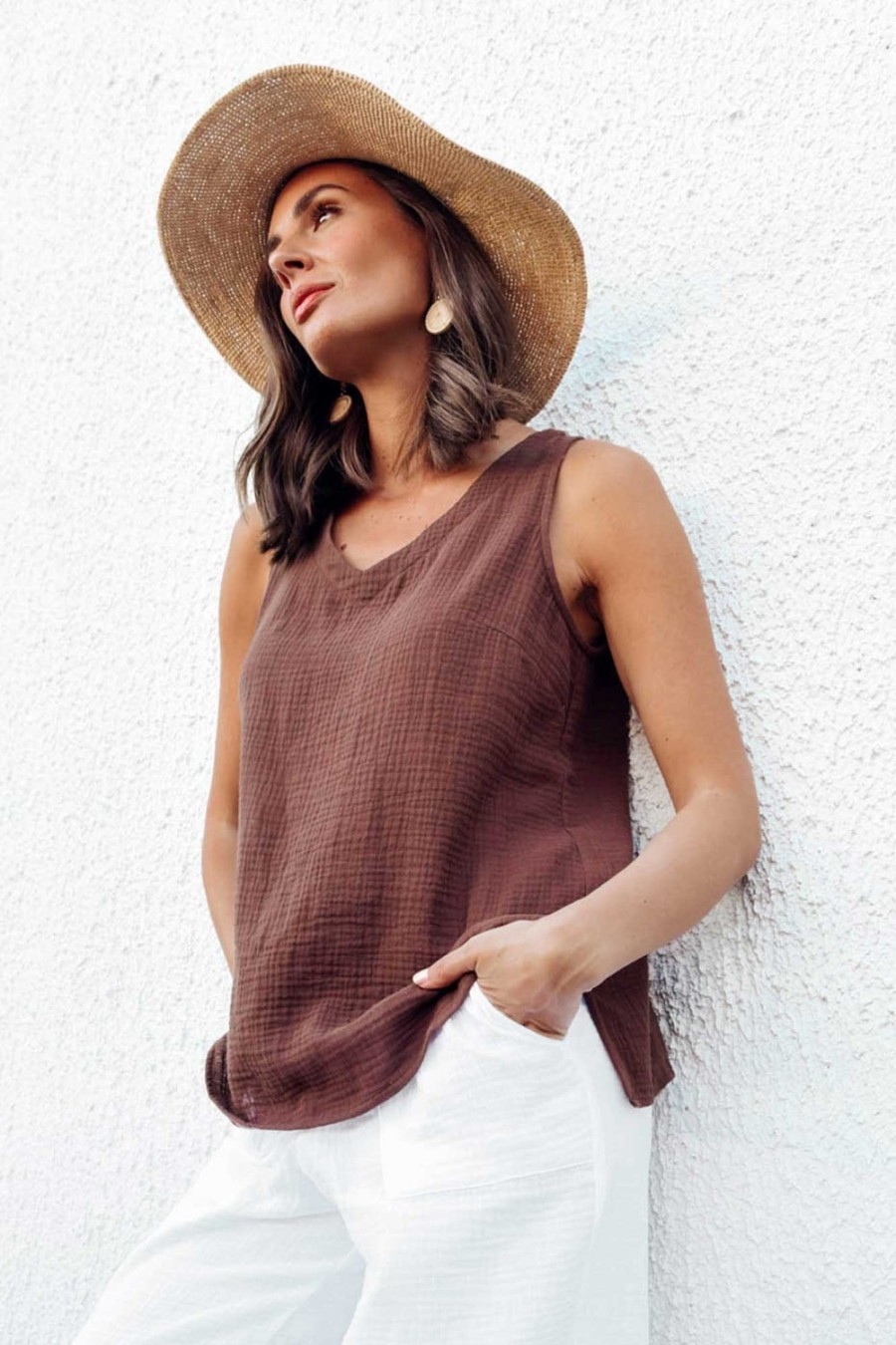 Clothing Threadz Cotton Tops | Byron Chocolate Cotton Tank