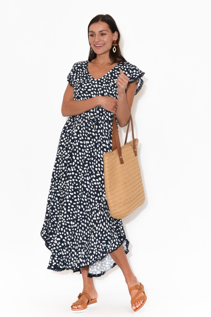 Clothing New U Collection Midi Dresses | Libby Navy Spot Midi Dress