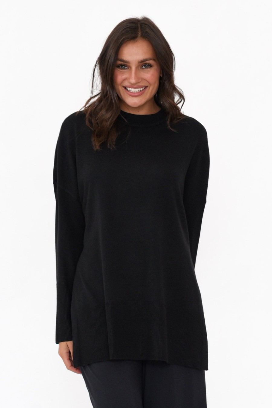 Clothing Tirelli Knitwear | Collins Black Wool Blend Split Hem Jumper