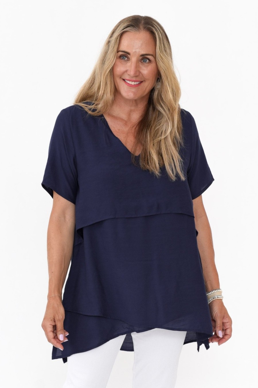 Clothing La Mode Cotton Tops | Shoshana Navy Cotton Layered Top