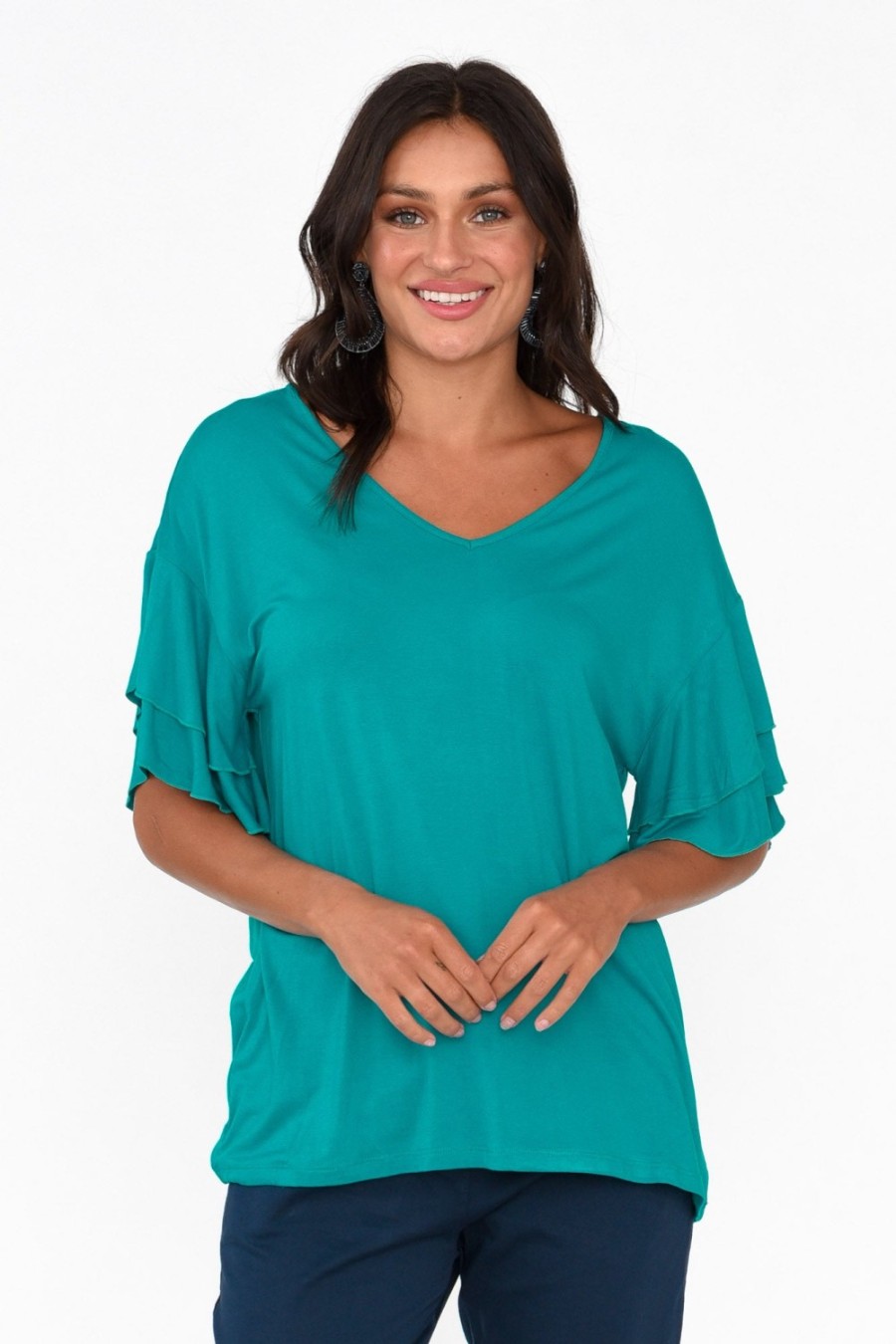 Clothing Betty Basics Sleeved Tops | Ripon Blue Lagoon Frill Sleeve Top