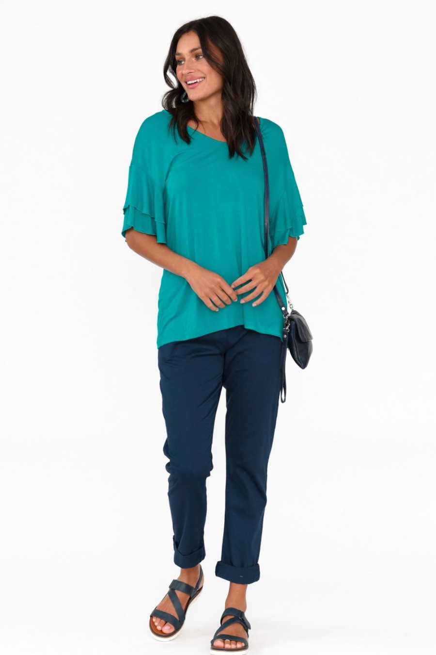 Clothing Betty Basics Sleeved Tops | Ripon Blue Lagoon Frill Sleeve Top