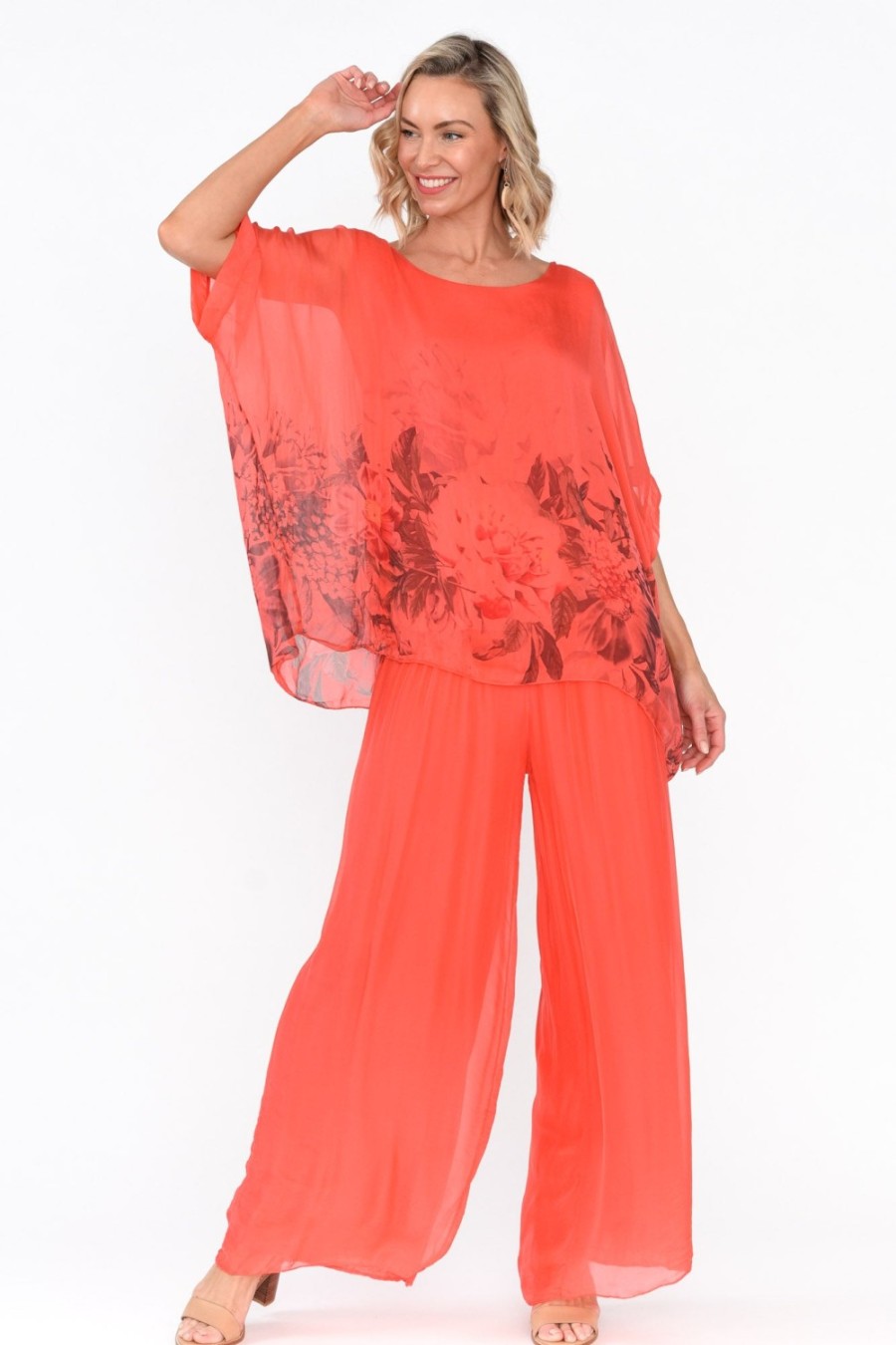 Clothing Fabuler Sleeved Tops | Mayer Coral Floral Silk Top