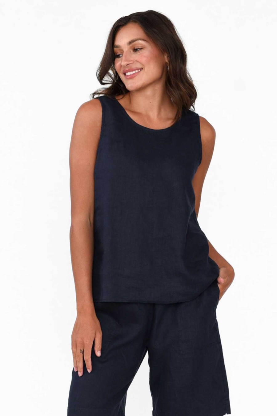 Clothing Gordon Smith Linen Tops | Bianca Navy Linen Button Back Tank