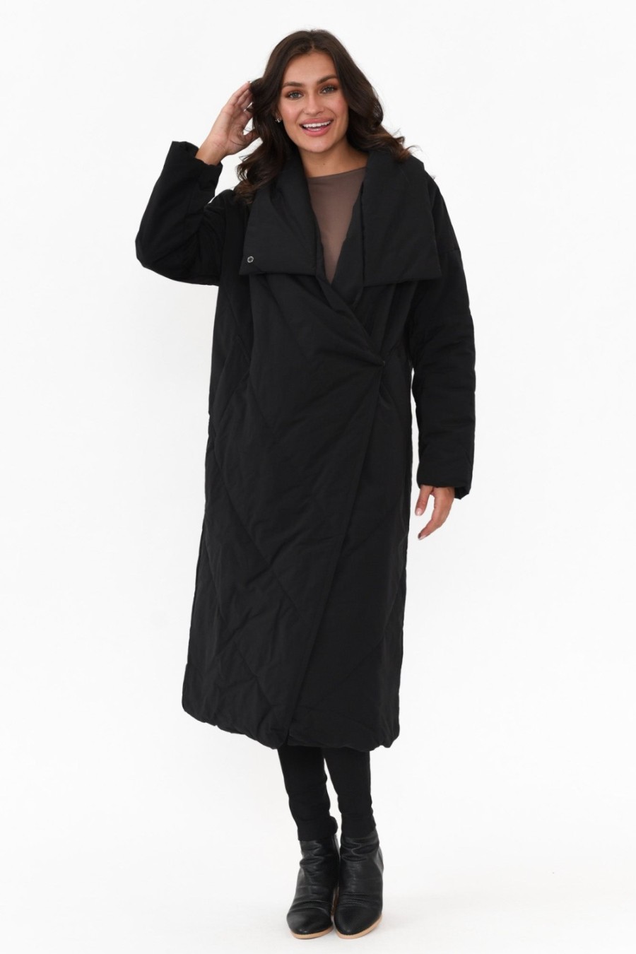 Clothing Tirelli Coats | Halle Black Longline Wrap Coat