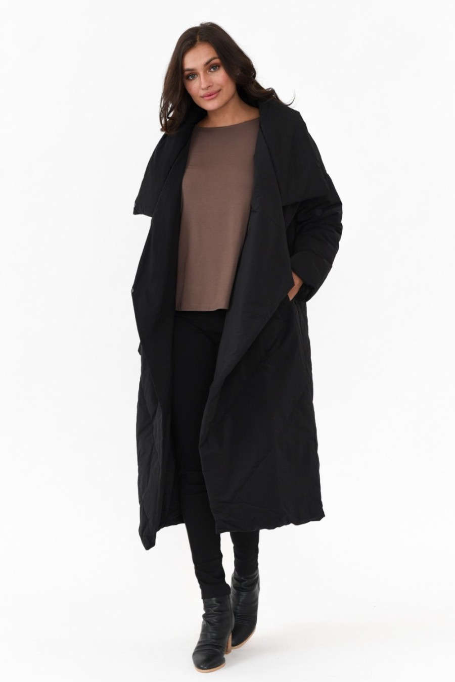 Clothing Tirelli Coats | Halle Black Longline Wrap Coat