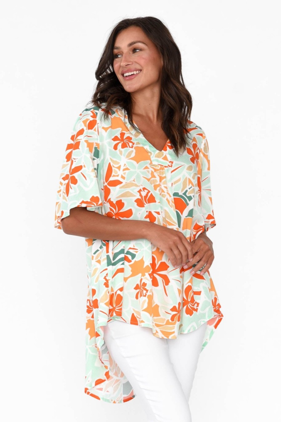 Clothing PQ Tunic Tops | Jordyn Orange Garden V Neck Top