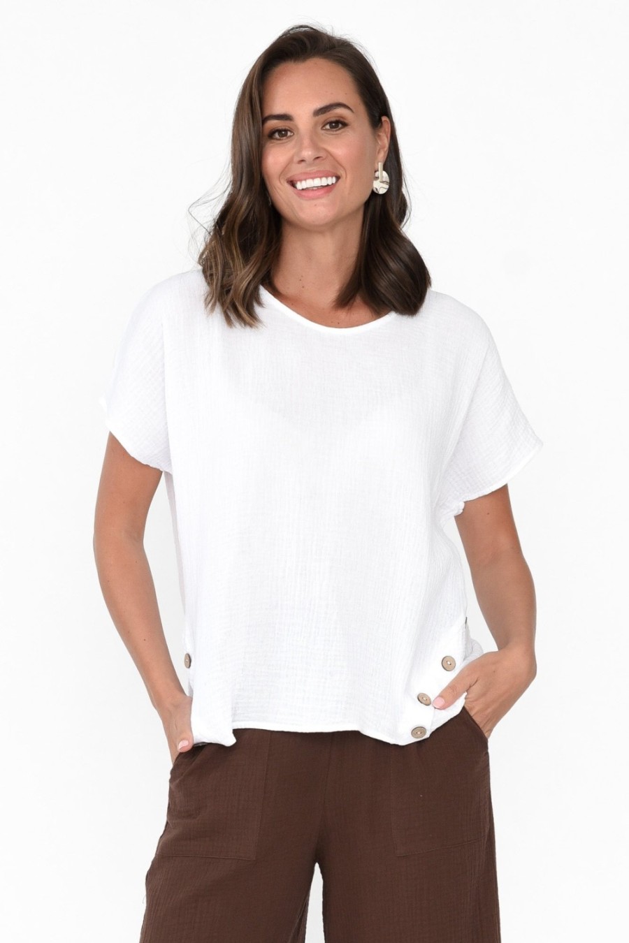 Clothing Threadz Cotton Tops | Byron White Cotton Button Top