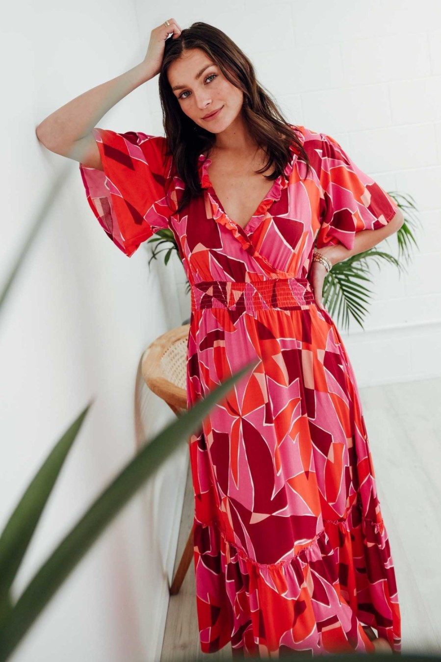 Clothing Label of Love Maxi Dresses | Avenly Pink Abstract Frill V Neck Dress