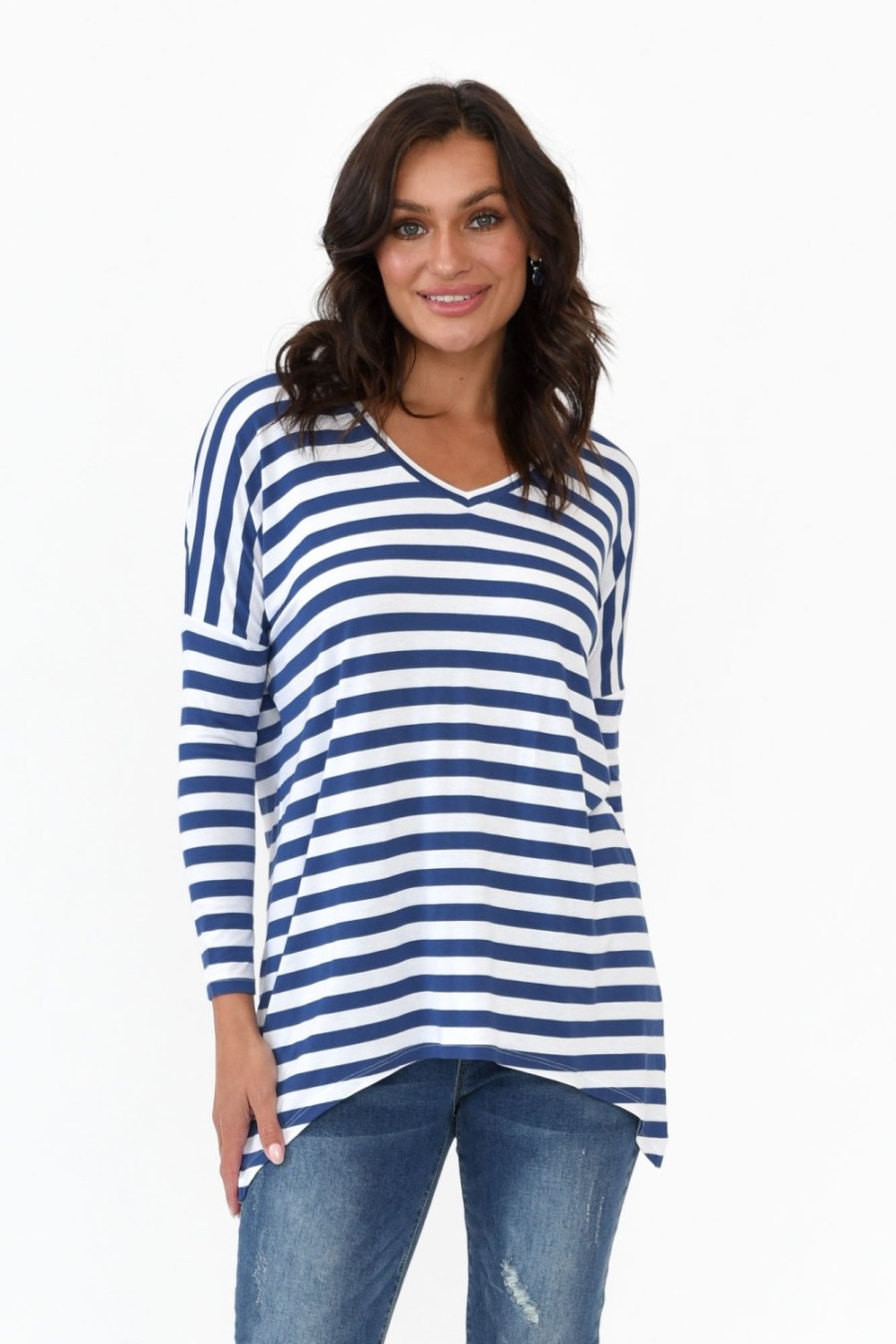 Clothing Betty Basics Sleeved Tops | Geneva Navy Stripe Oversized Top