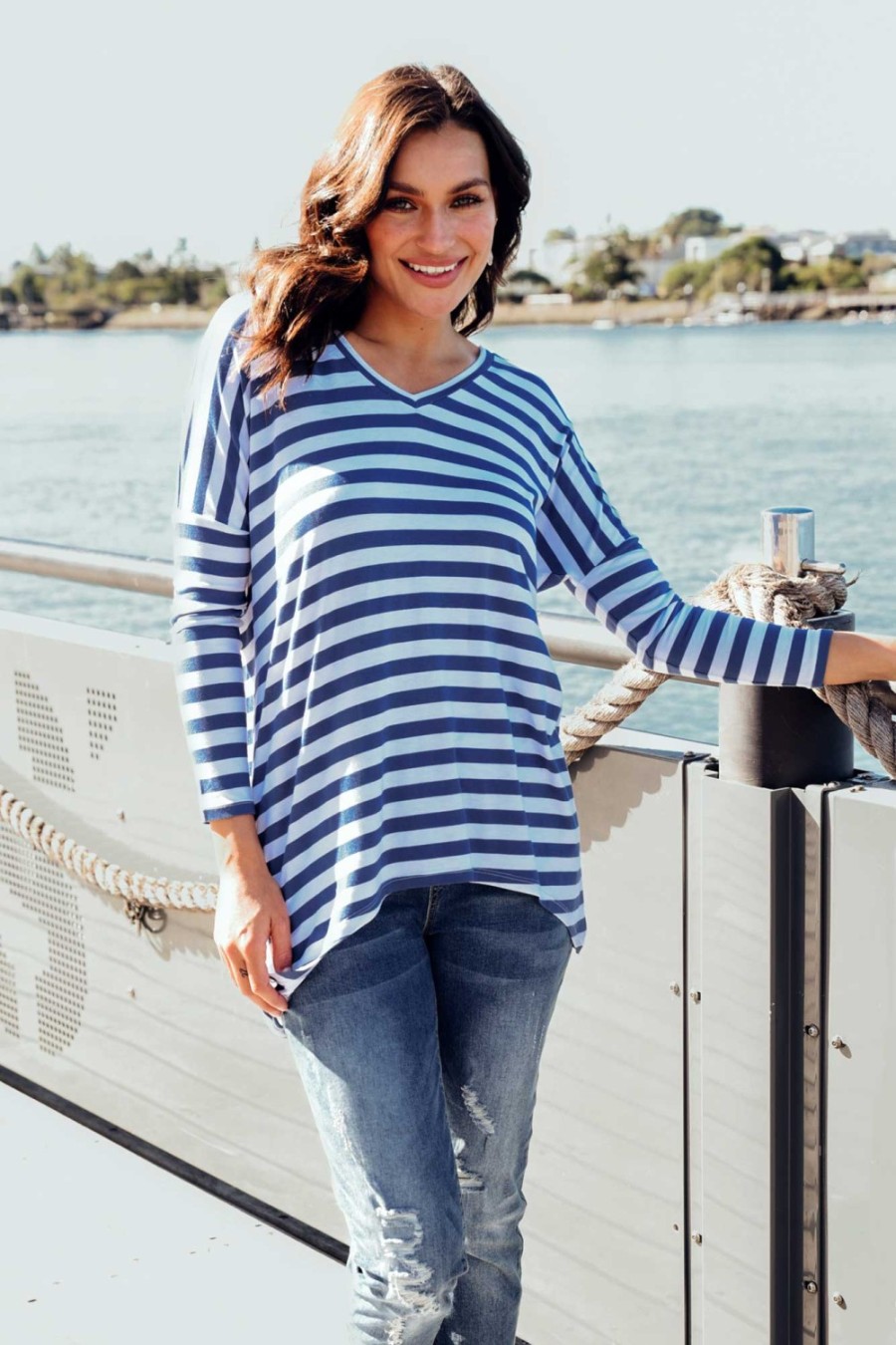 Clothing Betty Basics Sleeved Tops | Geneva Navy Stripe Oversized Top