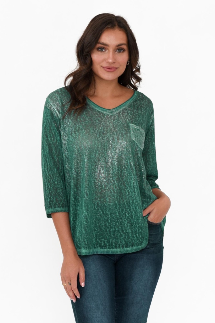 Clothing La Strada Linen Tops | Tinsley Teal Metallic Linen Blend Top