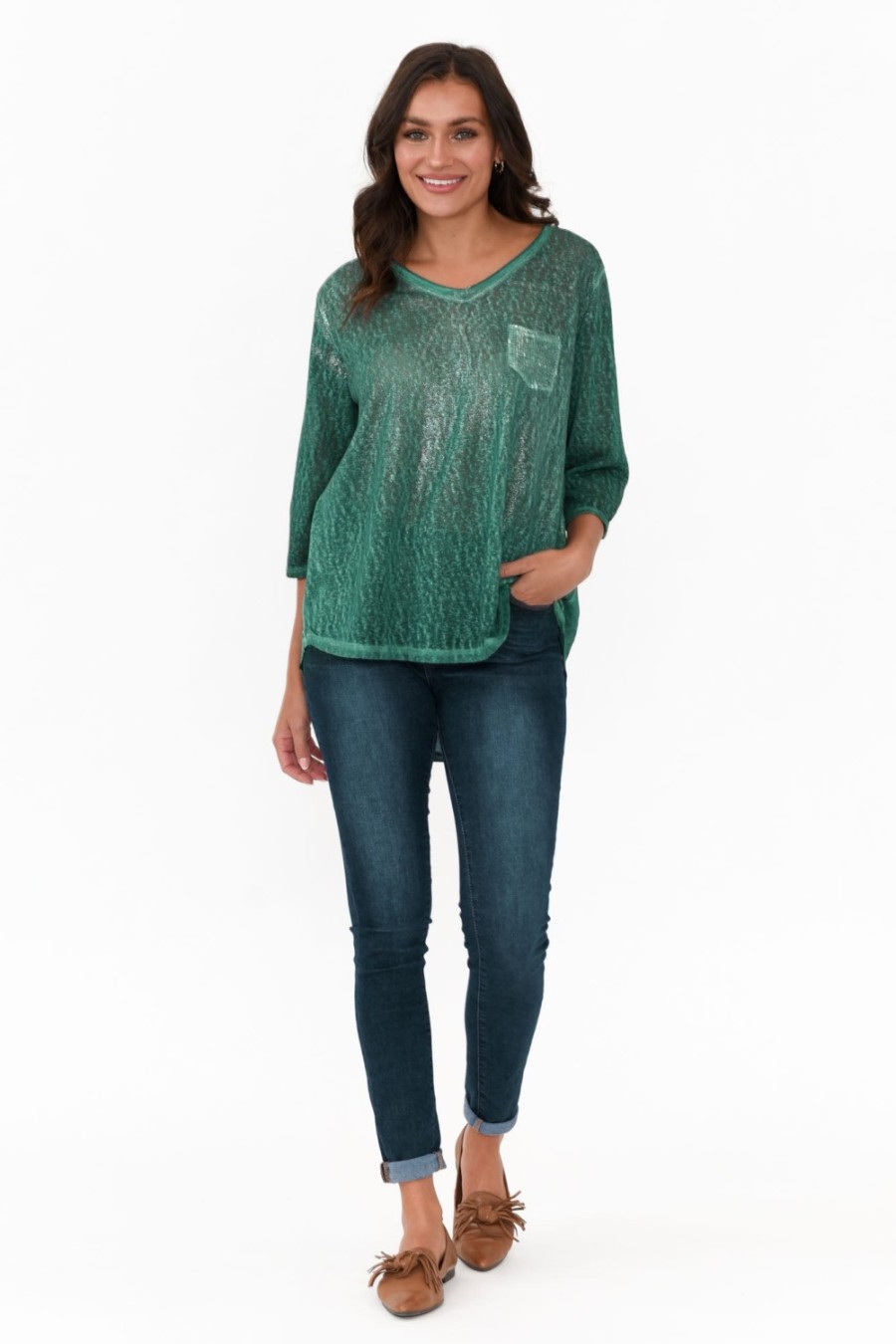 Clothing La Strada Linen Tops | Tinsley Teal Metallic Linen Blend Top