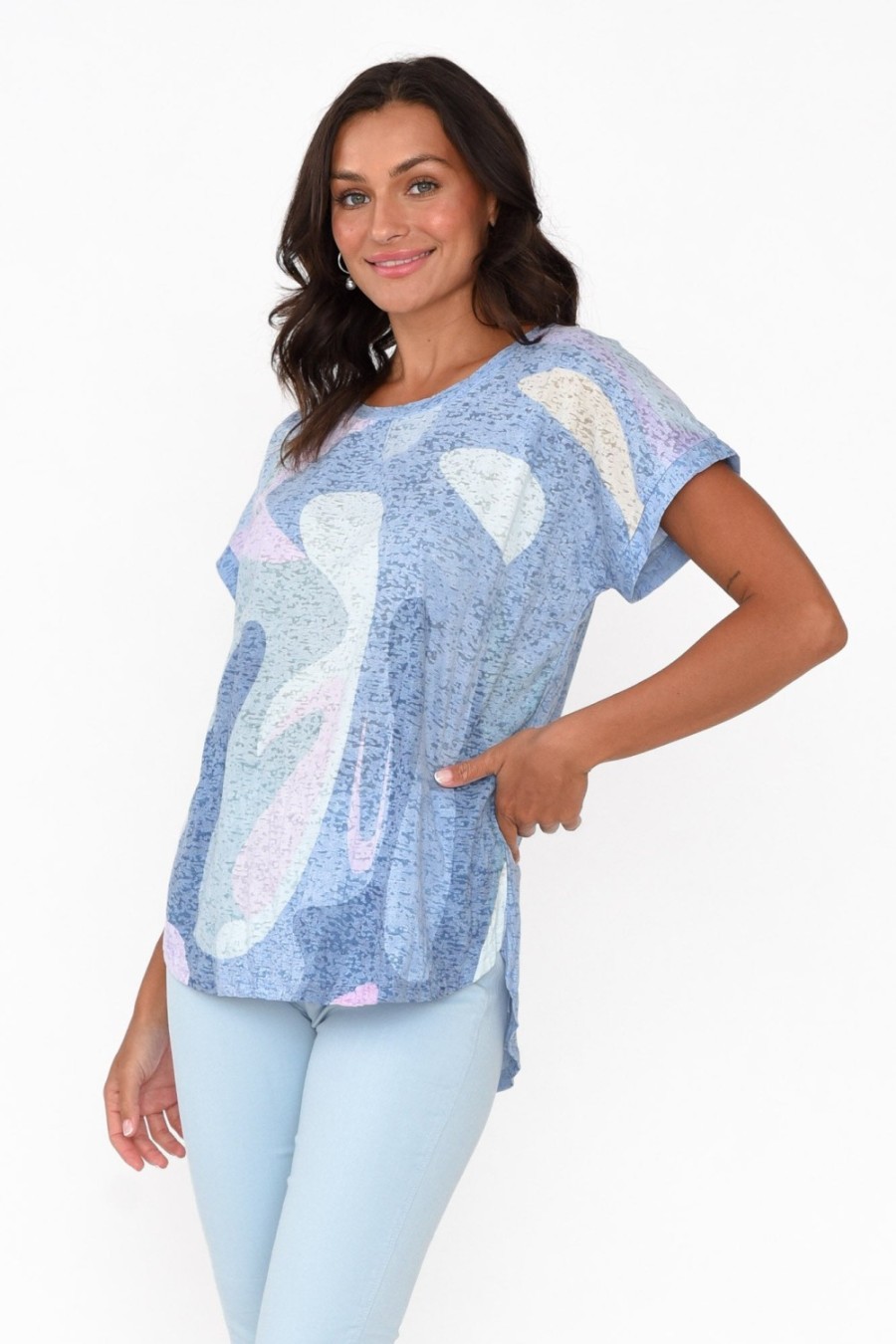 Clothing Cafe Latte Cotton Tops | Talisa Blue Abstract Cotton Blend Tee