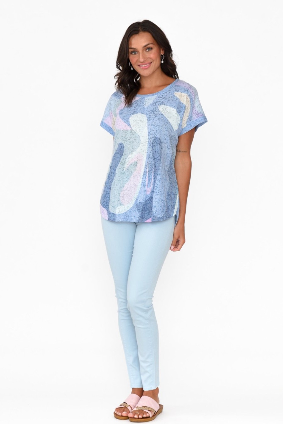 Clothing Cafe Latte Cotton Tops | Talisa Blue Abstract Cotton Blend Tee