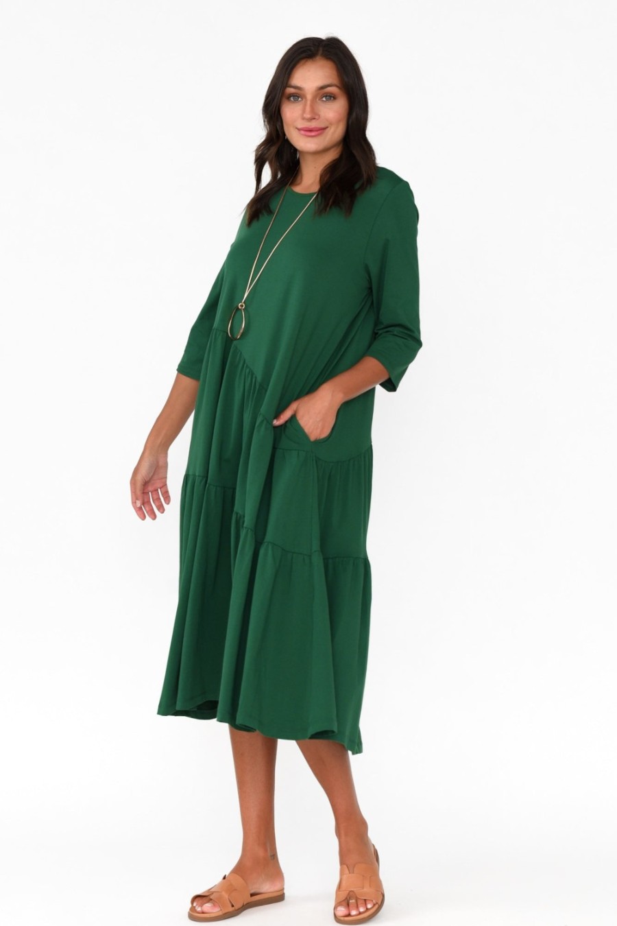 Clothing Tirelli Cotton Dresses | Masie Emerald Diagonal Gathered Dress