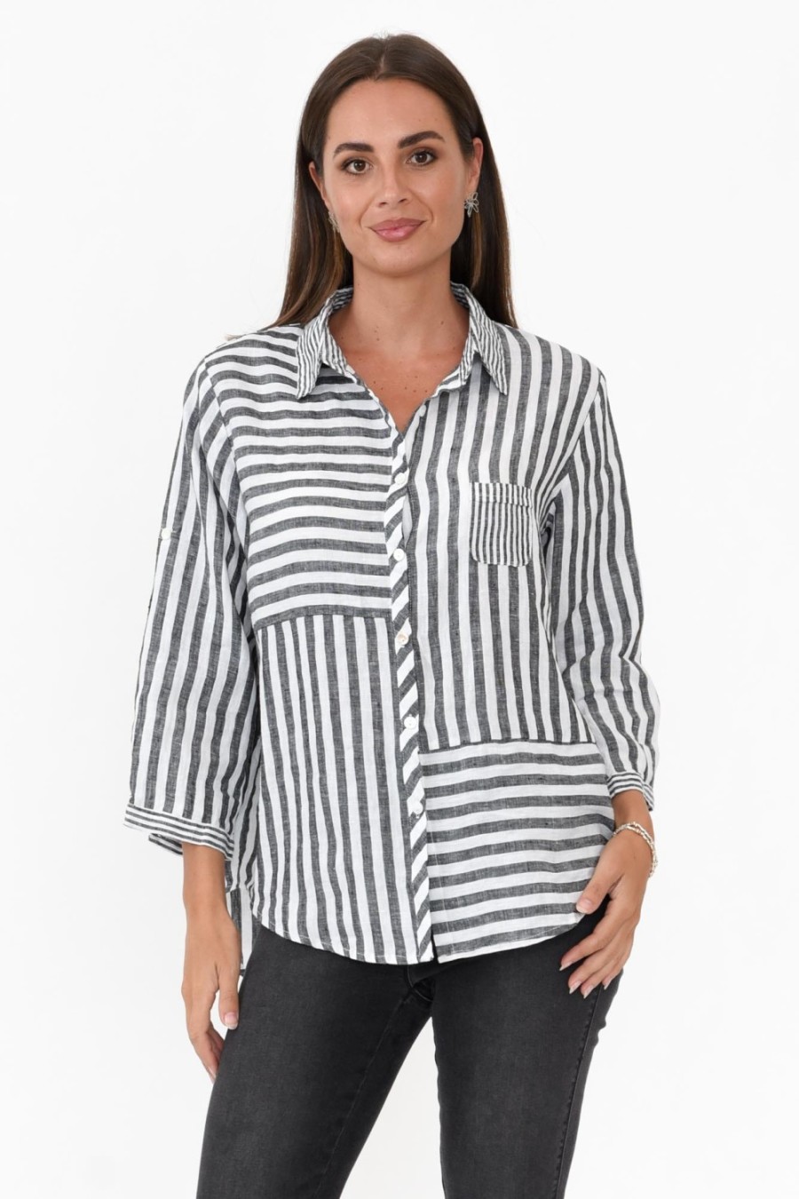 Clothing Worthier Linen Tops | Hyatt Charcoal Stripe Linen Shirt