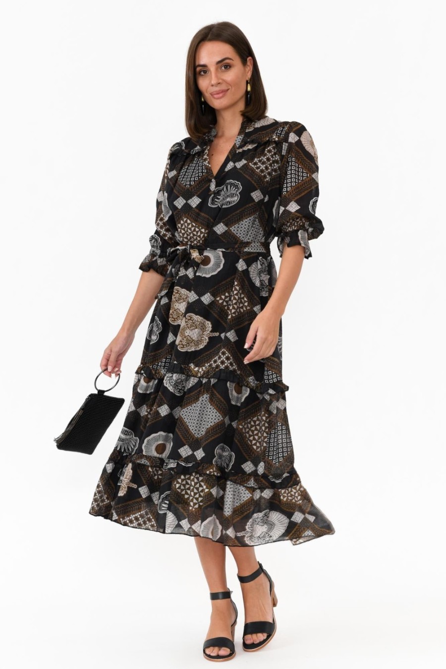 Clothing New U Collection Midi Dresses | Malcolm Brown Geo Frill Dress