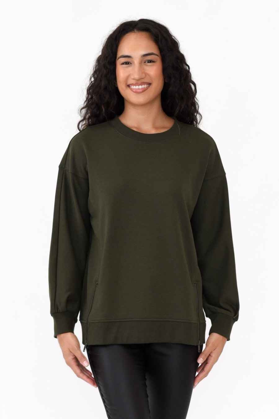 Clothing Betty Basics Cotton Tops | Cari Dark Olive Crew Jumper