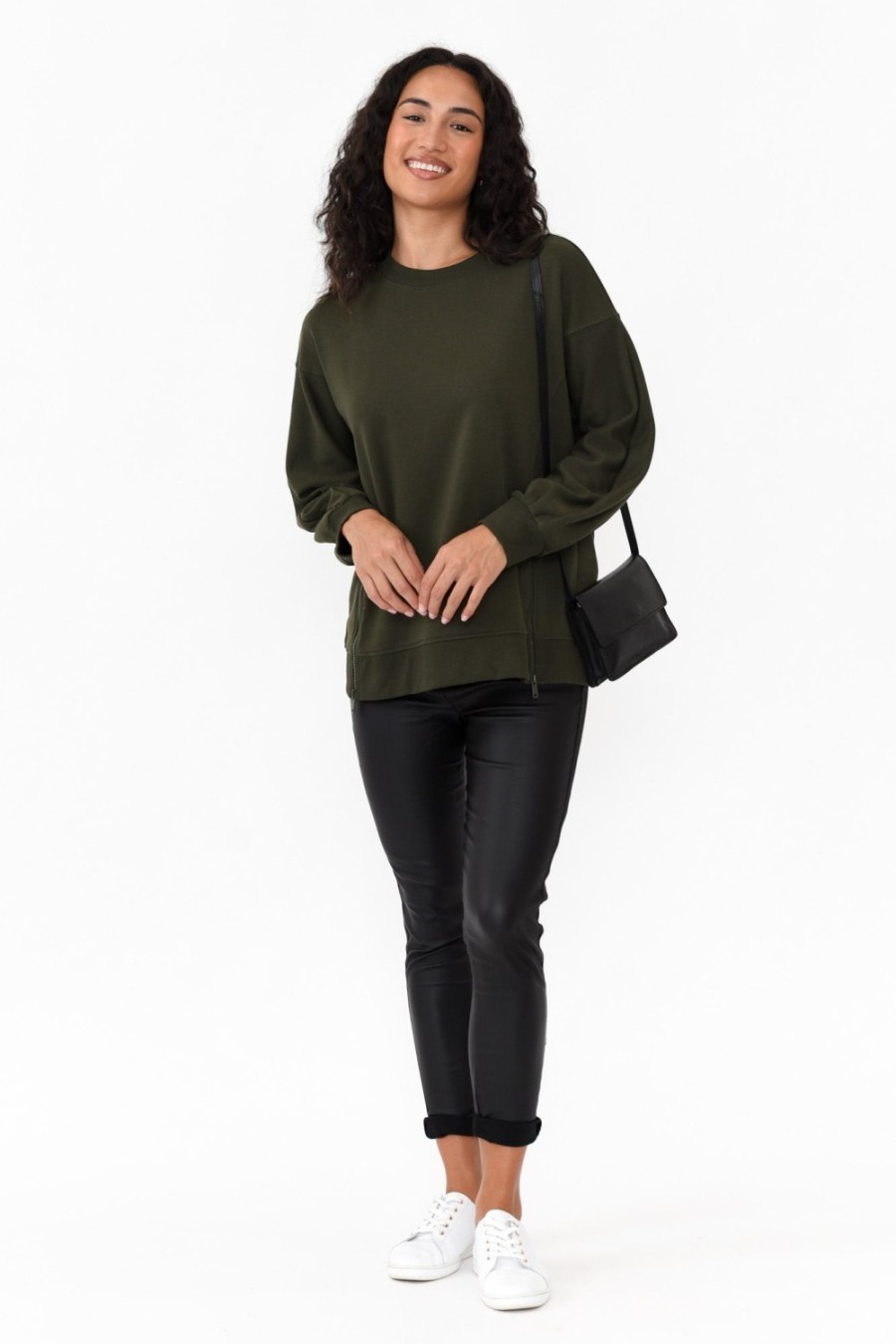 Clothing Betty Basics Cotton Tops | Cari Dark Olive Crew Jumper