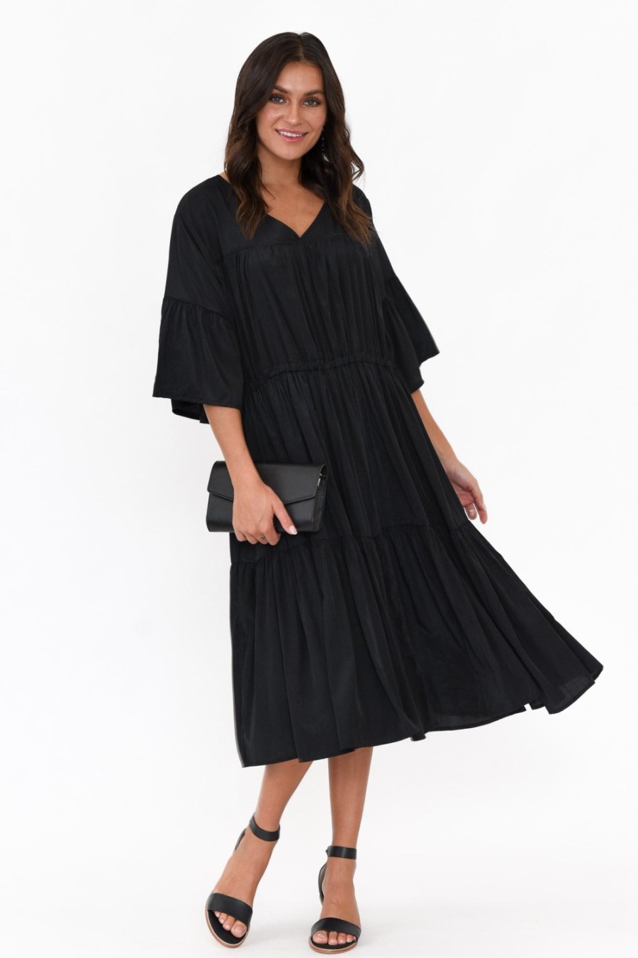 Clothing Worthier Cotton Dresses | Hope Black Tiered Midi Dress