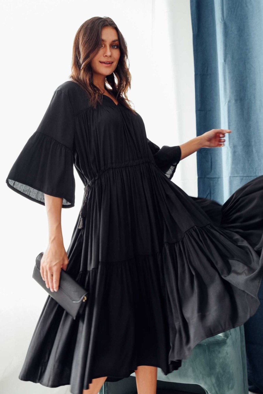 Clothing Worthier Cotton Dresses | Hope Black Tiered Midi Dress