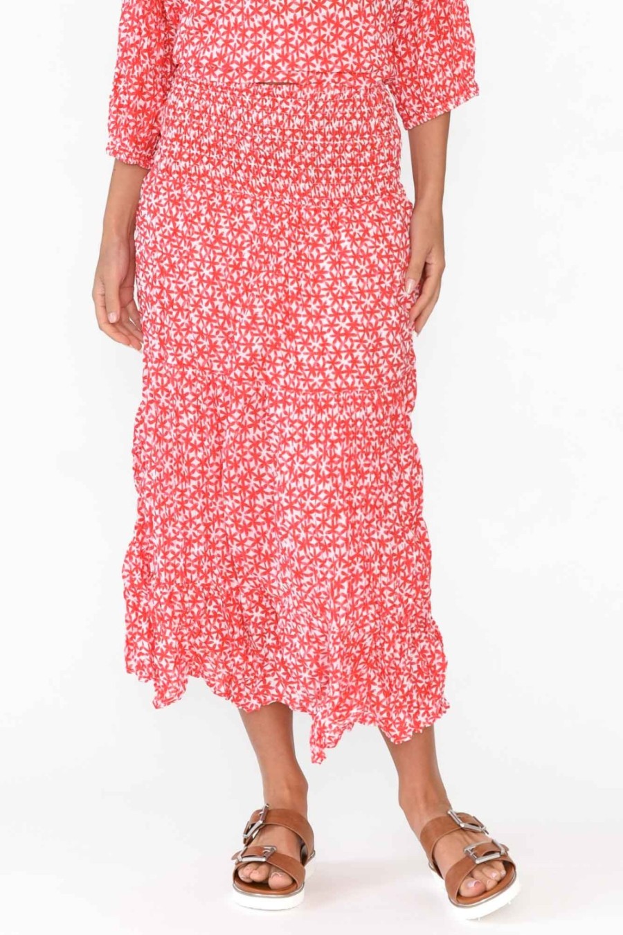 Clothing Namastai Skirts | Jude Red Flower Crinkle Cotton Skirt