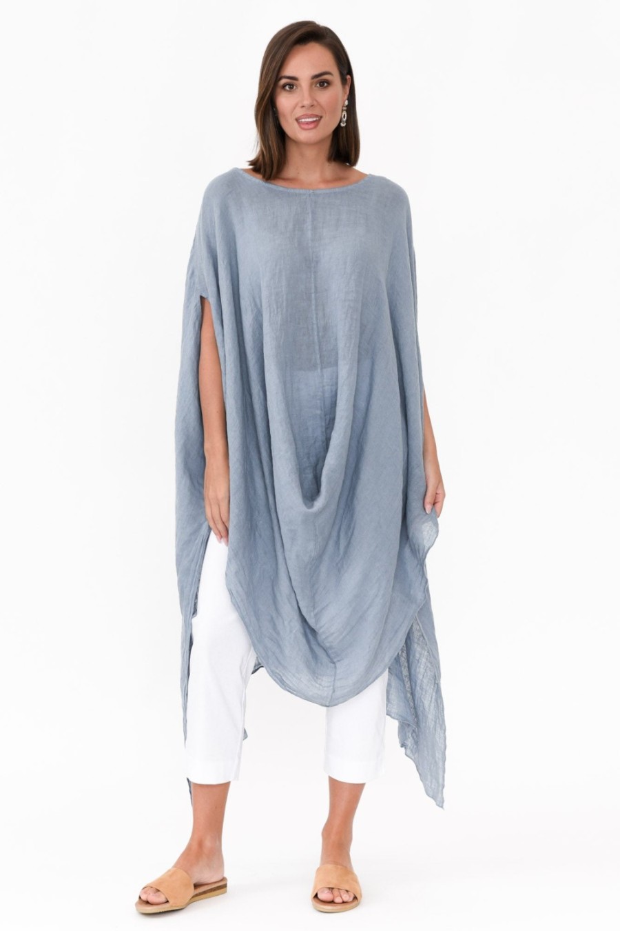 Clothing Donna Donna Linen Tops | Genesia Blue Linen Kaftan Tunic