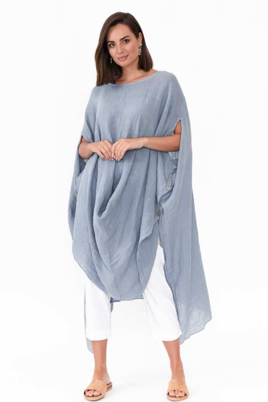 Clothing Donna Donna Linen Tops | Genesia Blue Linen Kaftan Tunic