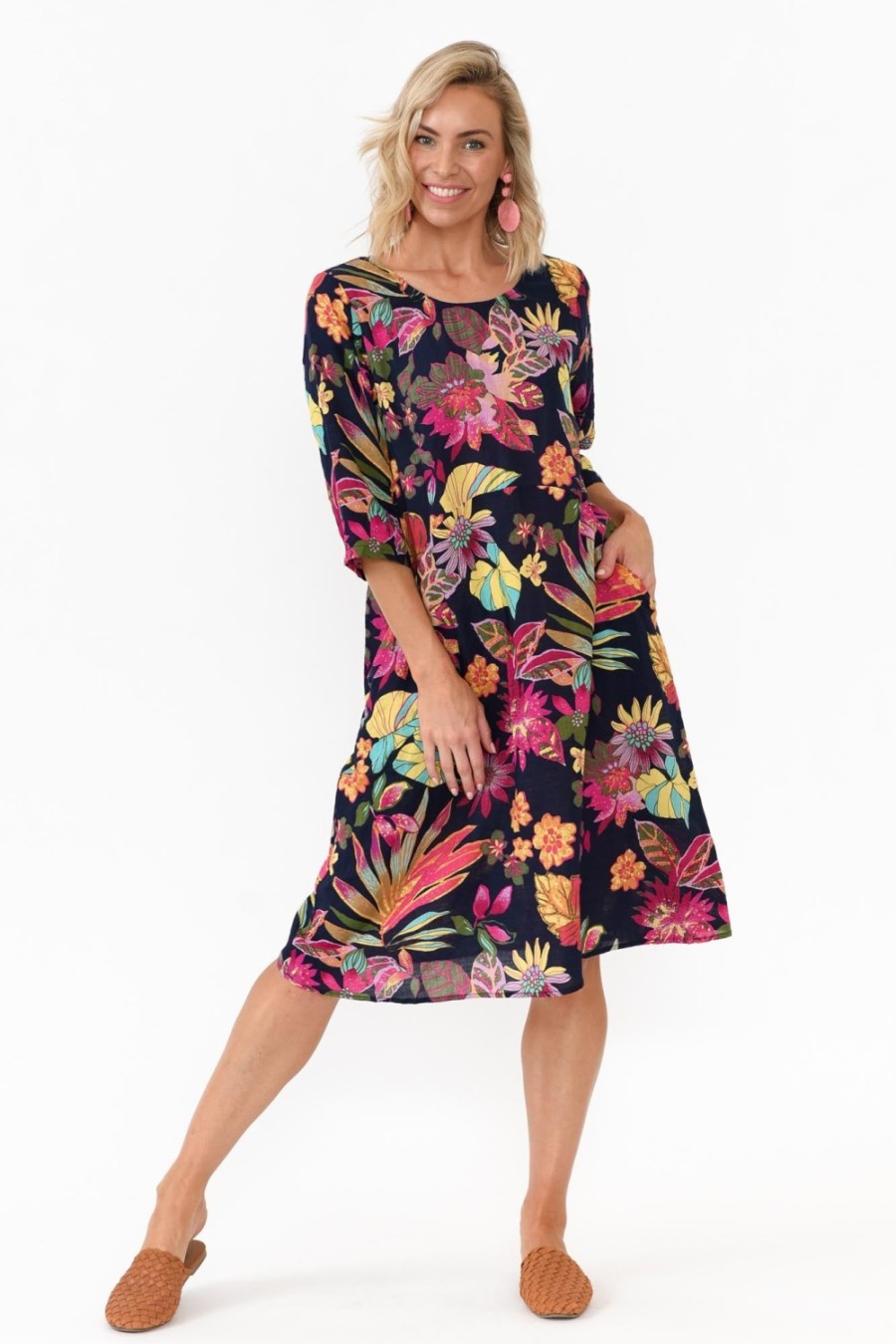 Clothing Willow Tree Below Knee Dresses | Richards Navy Bloom Linen Blend Dress