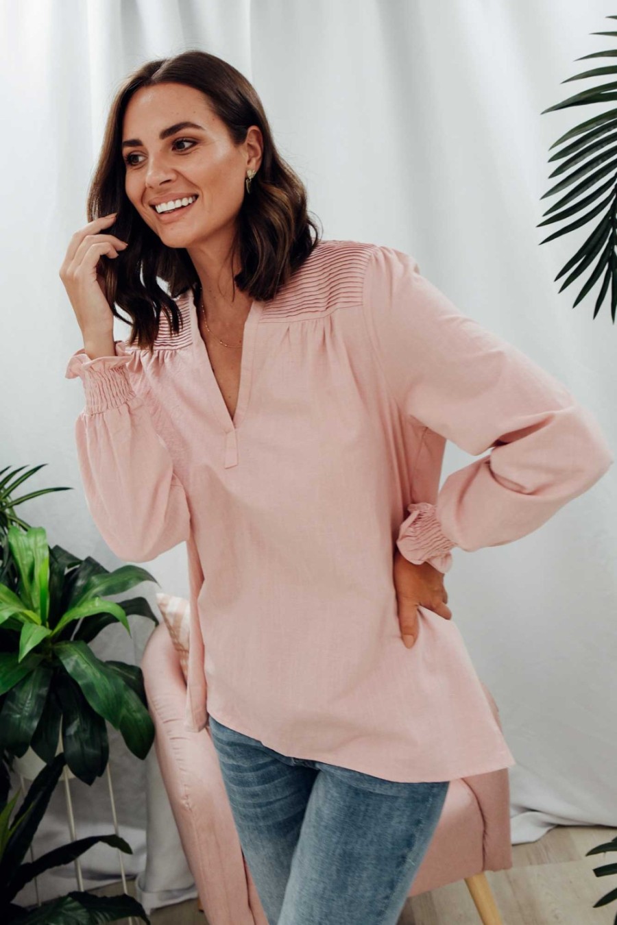 Clothing Cali and Co Sleeved Tops | April Blush Cotton V Neck Top