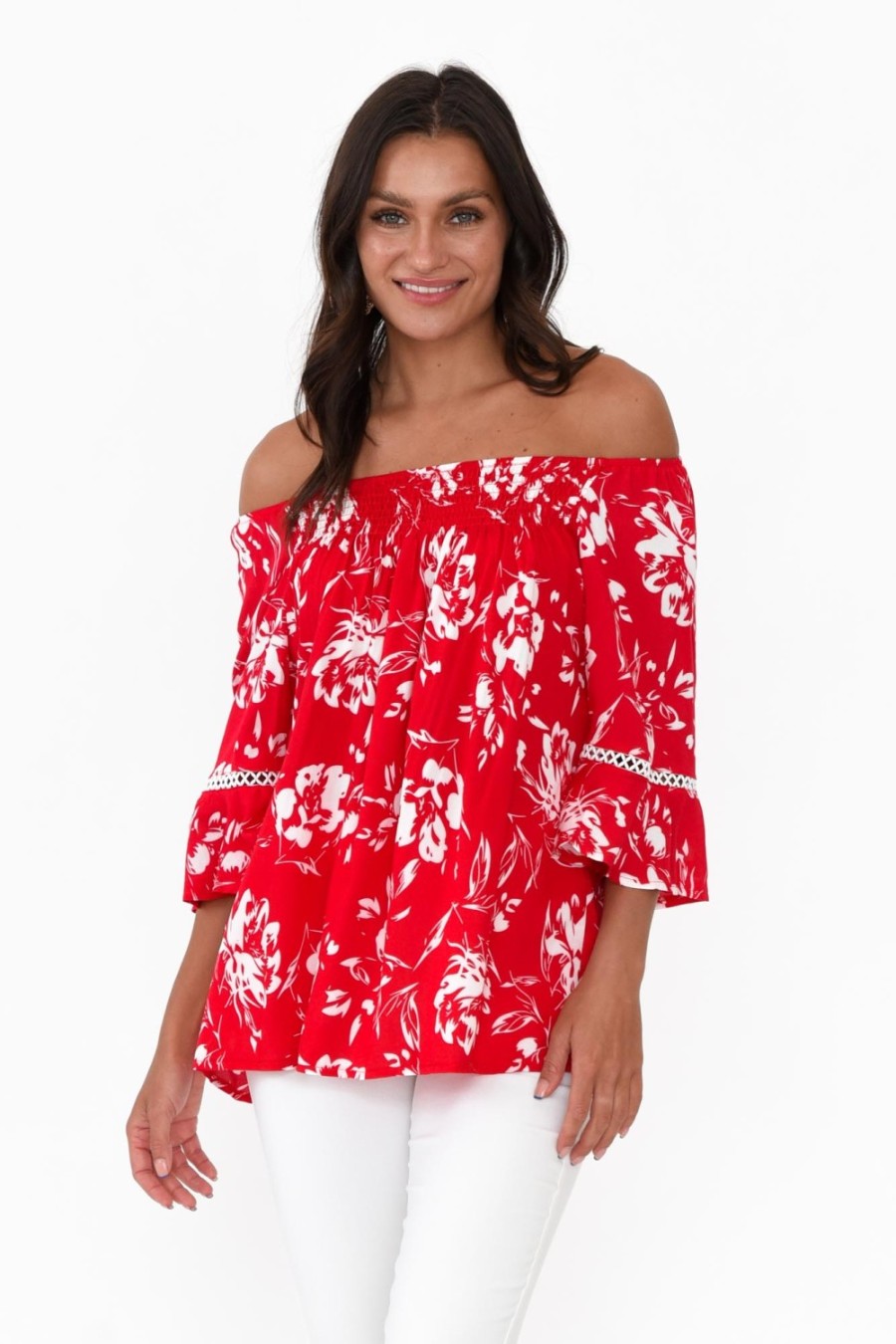 Clothing Willow Tree Sleeved Tops | Murdoch Red Floral Ruffle Sleeve Top