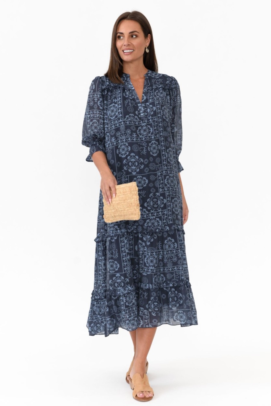 Clothing New U Collection Midi Dresses | Malcolm Navy Paisley Frill Dress