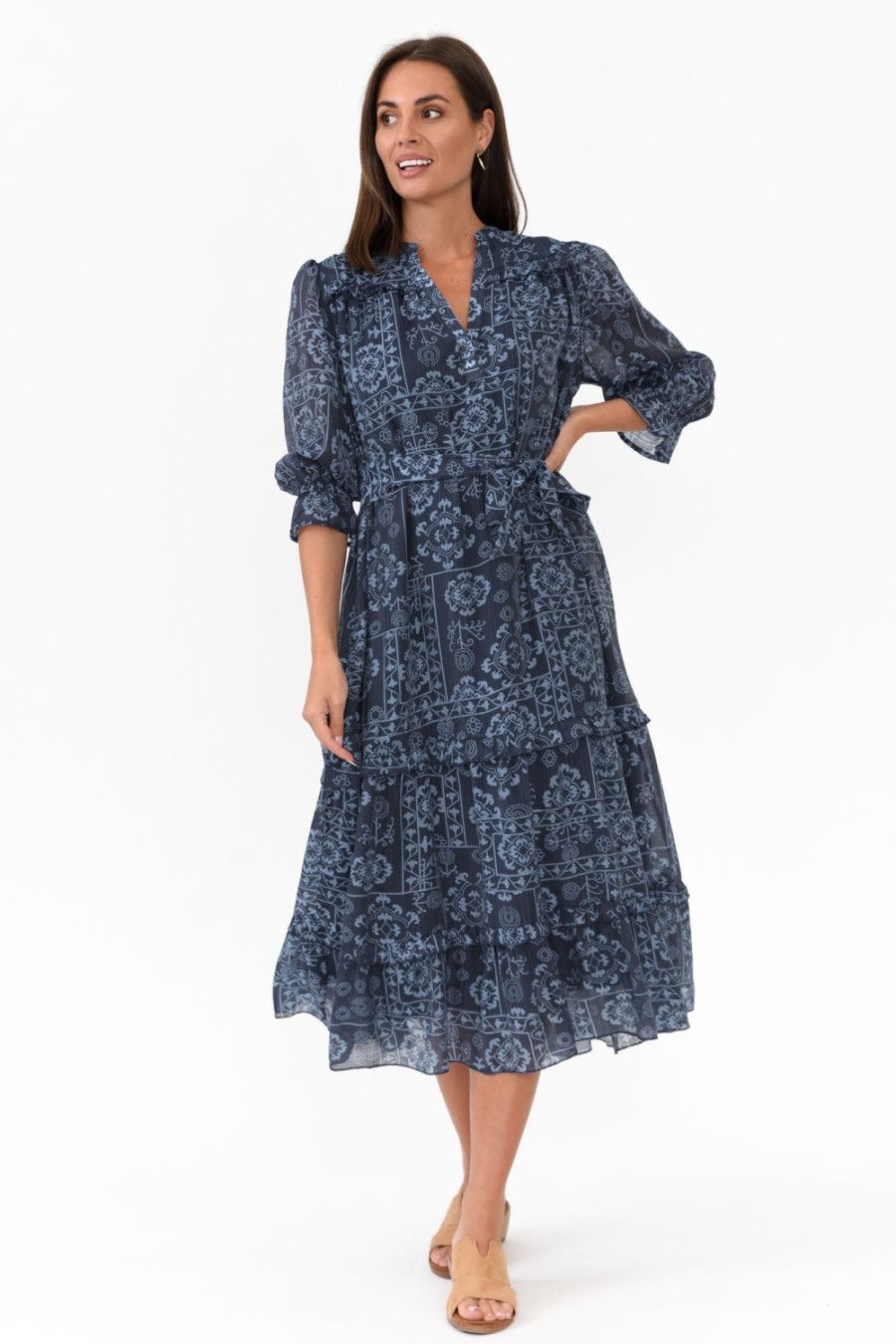 Clothing New U Collection Midi Dresses | Malcolm Navy Paisley Frill Dress