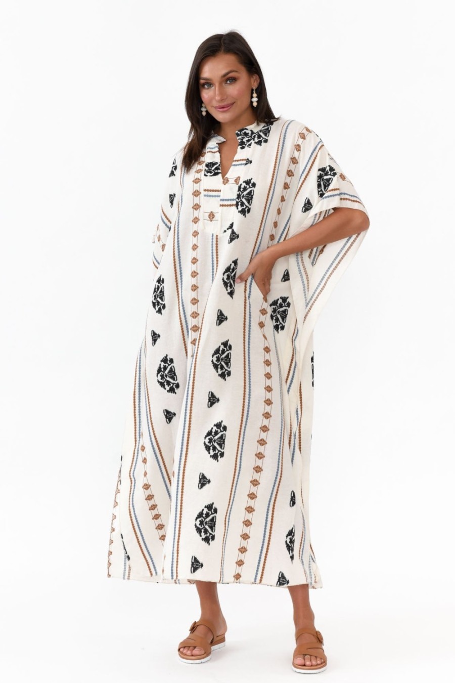 Clothing Italian Closet Cotton Dresses | Higgins White Embroidered Cotton Kaftan