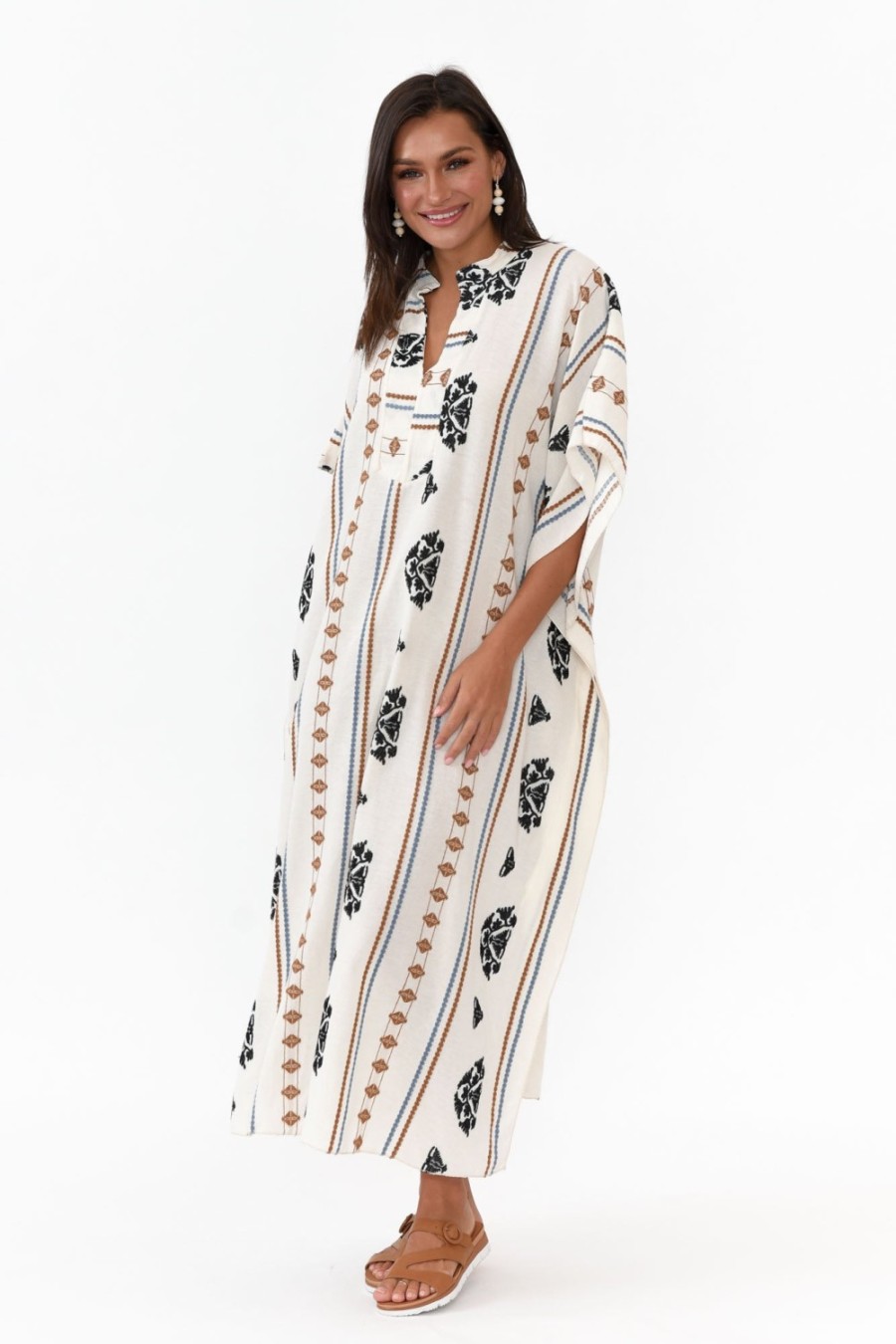 Clothing Italian Closet Cotton Dresses | Higgins White Embroidered Cotton Kaftan