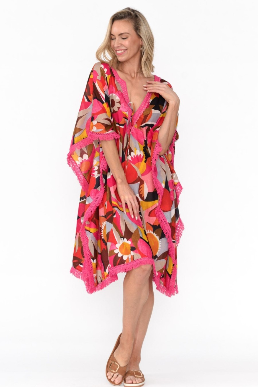 Clothing Mozaic Cotton Dresses | Bedarra Pink Abstract Cotton Kaftan