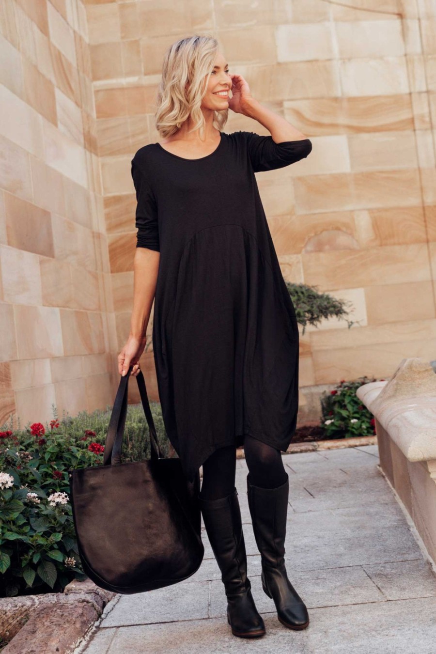 Clothing Cali and Co Below Knee Dresses | Coco Black Sleeved Dress