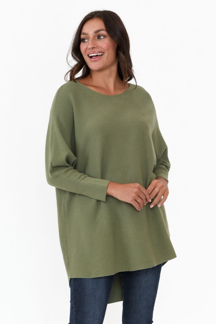 Clothing Cali and Co Knitwear | Iman Khaki Knit Drape Jumper