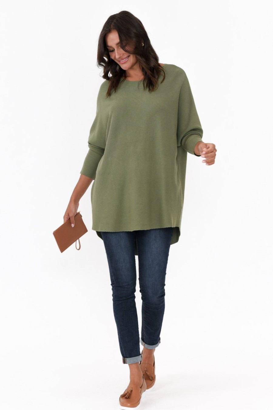 Clothing Cali and Co Knitwear | Iman Khaki Knit Drape Jumper