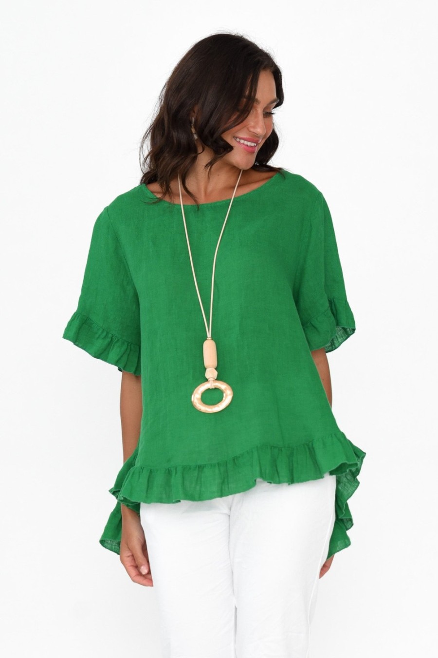 Clothing Cali and Co Sleeved Tops | Genevieve Green Linen Frill Top