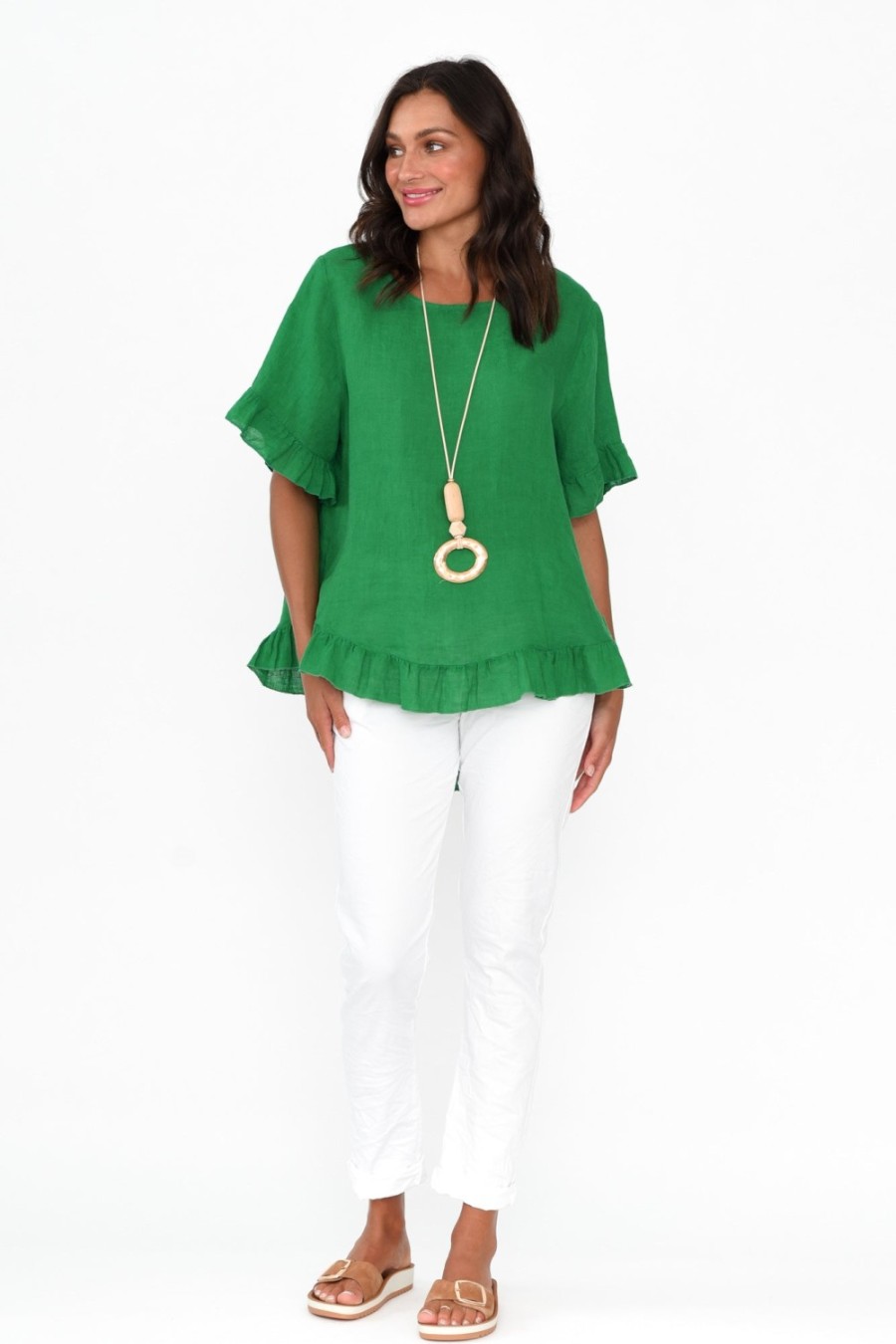 Clothing Cali and Co Sleeved Tops | Genevieve Green Linen Frill Top