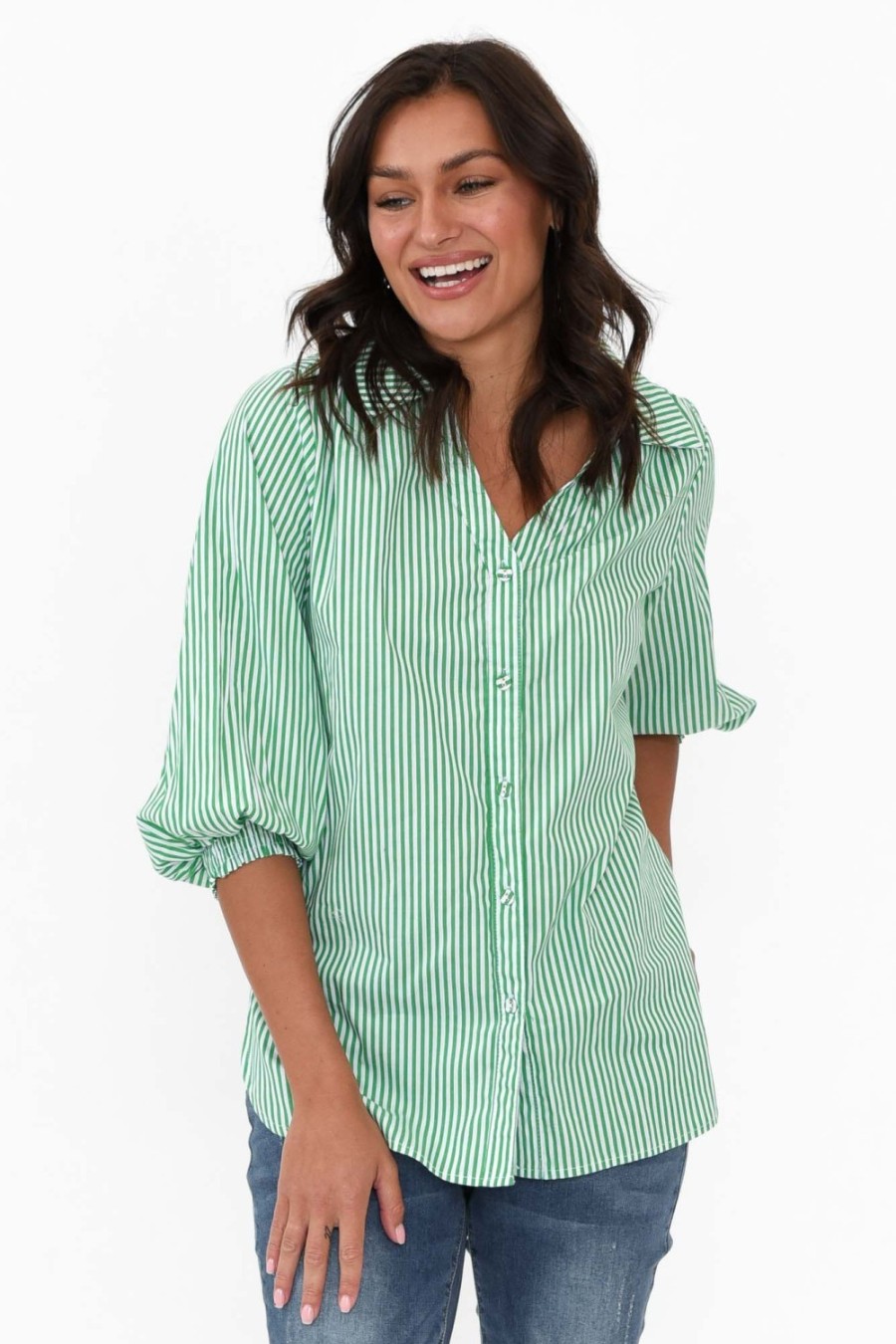 Clothing Silver Wishes Cotton Tops | Troy Green Stripe Cotton Shirt