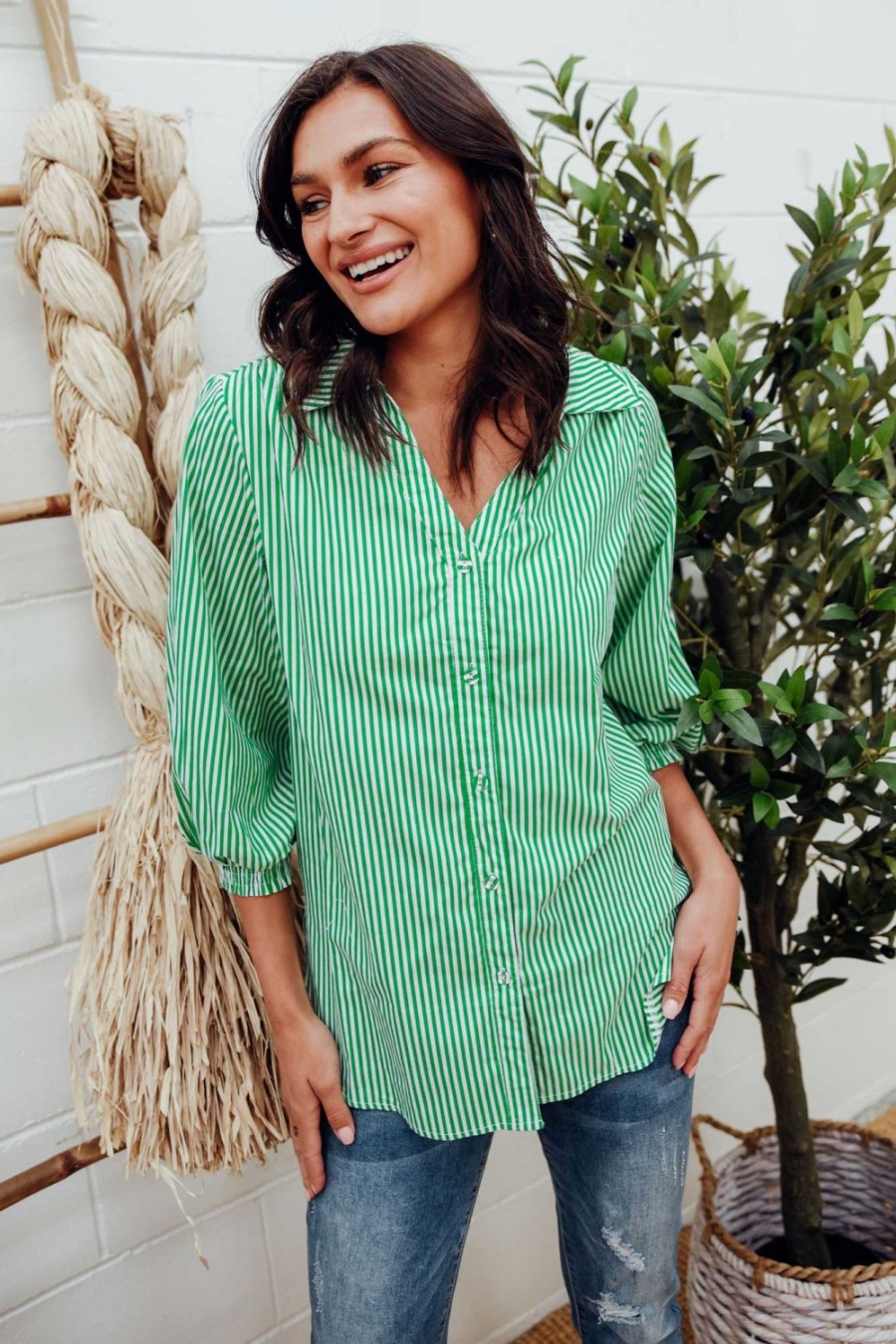 Clothing Silver Wishes Cotton Tops | Troy Green Stripe Cotton Shirt