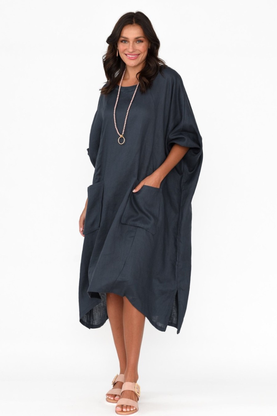 Clothing Tirelli Linen Dresses | Bradshaw Navy Linen Pocket Dress