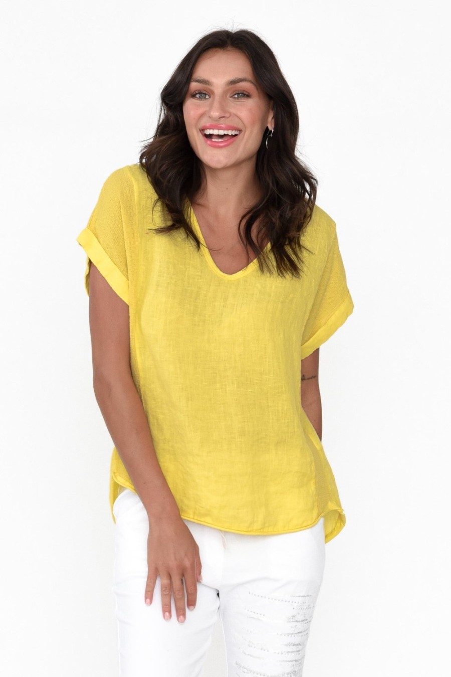 Clothing La Strada Sleeved Tops | Dorian Yellow Linen Cotton Top