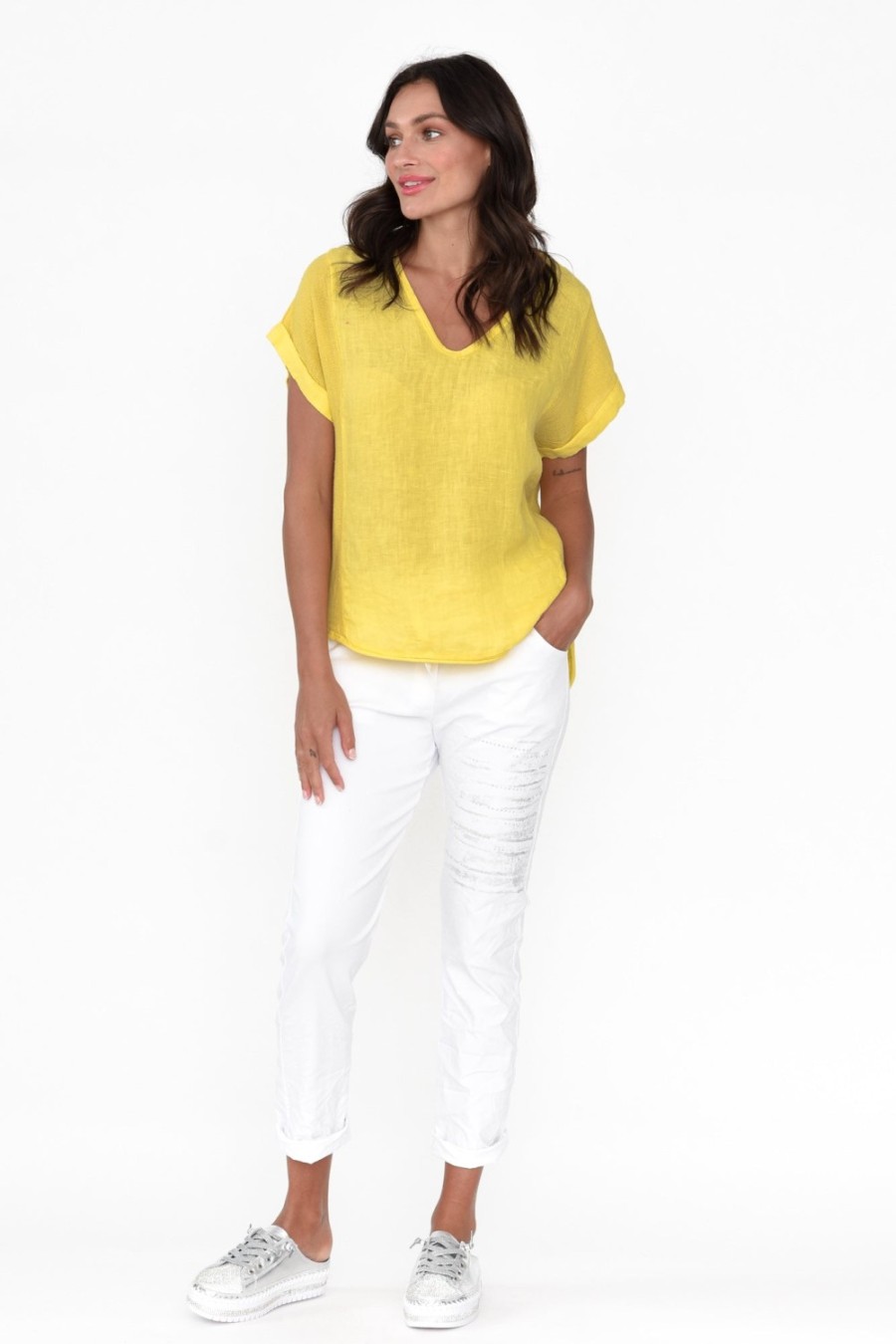 Clothing La Strada Sleeved Tops | Dorian Yellow Linen Cotton Top