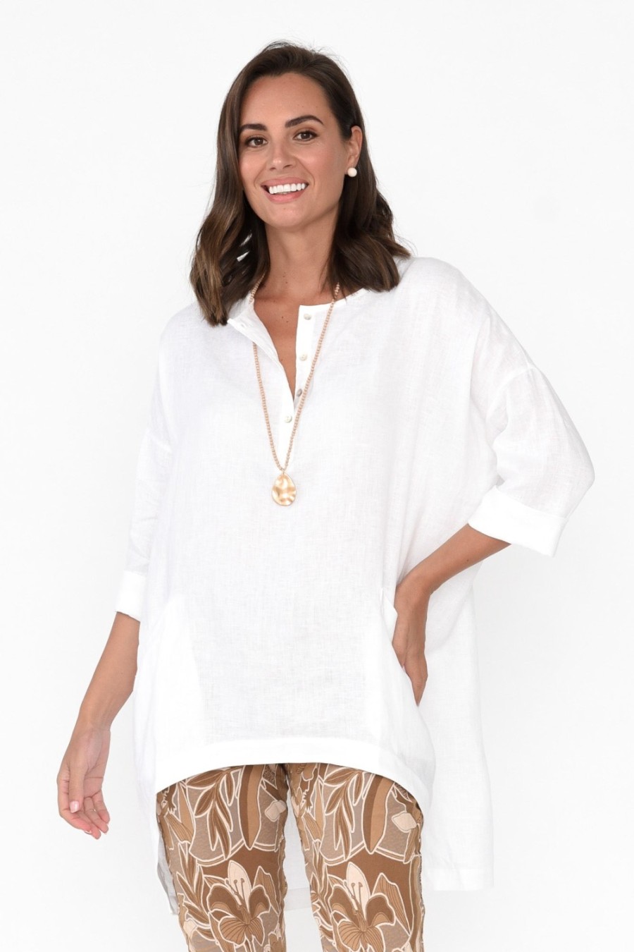 Clothing Tirelli Linen Tops | Ayla White Linen Tunic