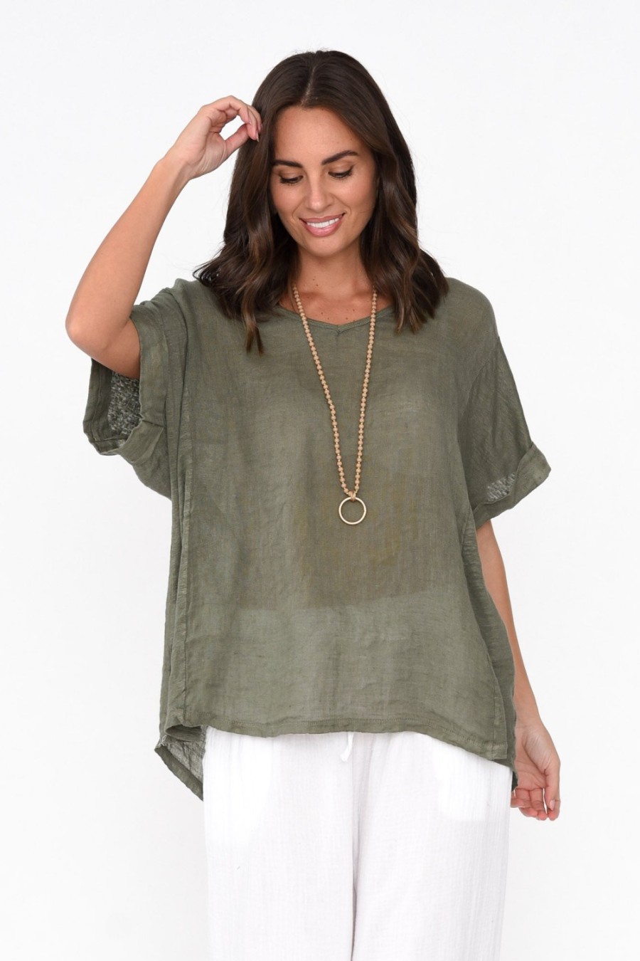 Clothing Talia Benson Linen Tops | Oversized Anna Khaki Linen Tee